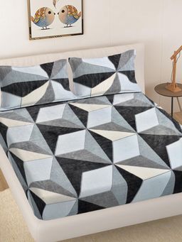 FABINALIV - Multicolor Geometric Woollen King Size Fitted Double Bedsheet With 2 Pillow Covers
