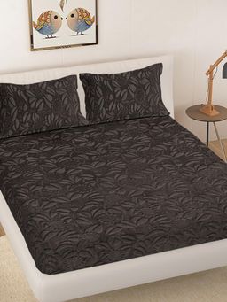 FABINALIV - Coffee Floral Woollen Embossed King Size Fitted Double Bedsheet With 2 Pillow Covers