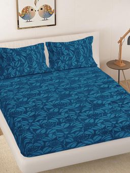 FABINALIV - Rama Blue Floral Woollen Embossed King Size Fitted Double Bedsheet With 2 Pillow Covers