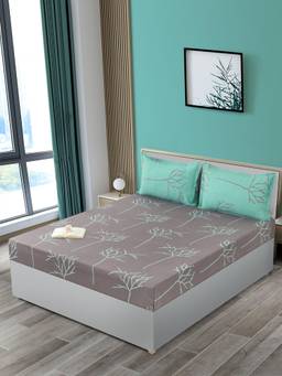 Swayam - Taupe & Mint Green Botanical Print Cotton Bedsheet With 2 Pillow Cover King