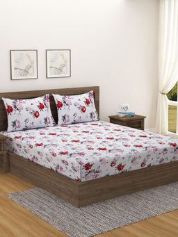 Swayam - Cream & Pink Floral Cotton Bedsheet With 1 Pillow Cover King