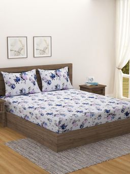 Swayam - Ivory Floral Cotton Bedsheet With Teal & Lavender Print - Includes 2 Pillow Cover King