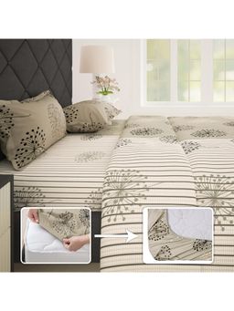 Story@Home - Cotton King Fitted (Elastic) 186 Tc Printed Bedsheet with Pillow Cover Beige