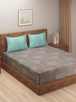 Swayam - Taupe & Mint Green Botanical Print Cotton Bedsheet With 1 Pillow Cover Single