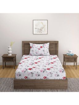 Swayam - Cream & Pink Floral Cotton Bedsheet With 1 Pillow Cover Single