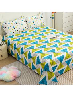 Story@Home - 144 Tc Teal Blue & Green Triangles Double Bedsheet With 2 Pillow Cover