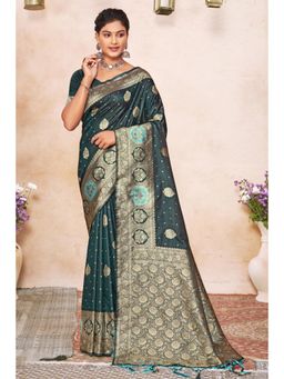 Sangam Prints - Teal Silk Woven Zari Work Traditional Tassel Saree with Unstitched Blouse