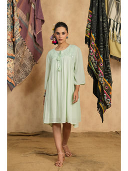 NYARO - Womens Rayon Crepe Mint Green Mirror Work Embroidered Dress