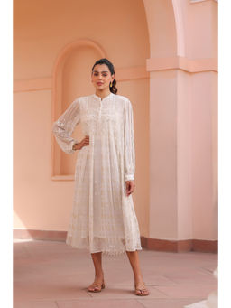 NYARO - Womens White Viscose Georgette Lurex Beads Work Dress
