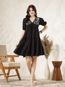 Stylum - Womens Black Solid & Embroidered Rayon Flared Dress