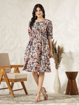 Stylum - Womens Grey Floral Printed Rayon Flared Dress