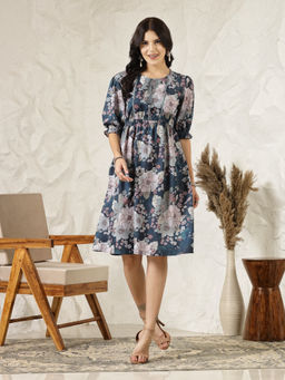 Stylum - Womens Teal Blue Floral Printed Rayon Flared Dress