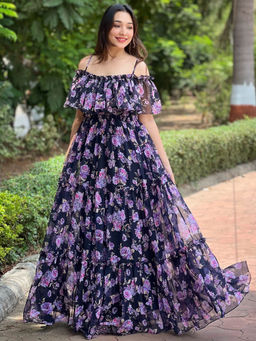 Vastranand - Black Blossom Off-Shoulder Dress