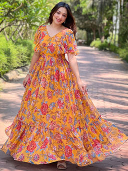 Vastranand - Honey Yellow Chints Flower Dress