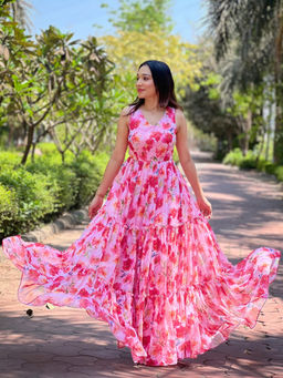 Vastranand - Neon Pink Floral Print Dress