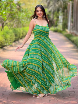 Vastranand - Forest Green Long Printed Dress