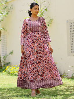 Mokshi - Womens Maroon Geometric Printed Rayon Ethnic Dress