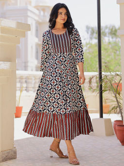 Mokshi - Womens White Geometric Printed Rayon Ethnic Dress