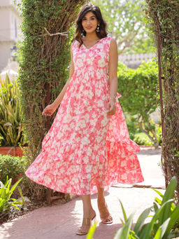 Mokshi - Womens Pink Floral Printed Rayon Ethnic Dress