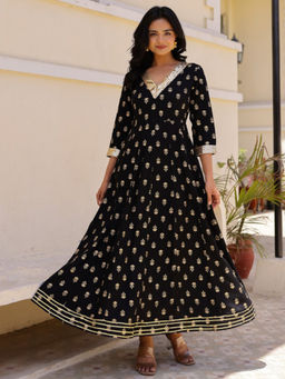 Mokshi - Womens Black Foil Printed Rayon Ethnic Dress