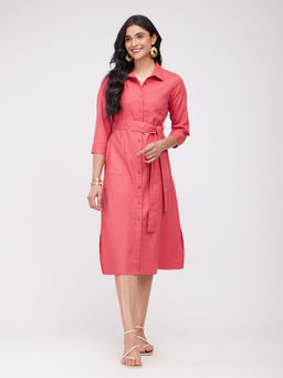 Pink Fort - Pink Cotton Solid Shirt Dress with Belt (Set of 2)
