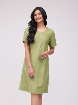 Pink Fort - Green Cotton Solid Straight Dress