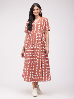 Pink Fort - Rust Cotton Polka Wrap Dress