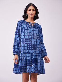 Pink Fort - Blue Cotton Geometric Gathered Dress