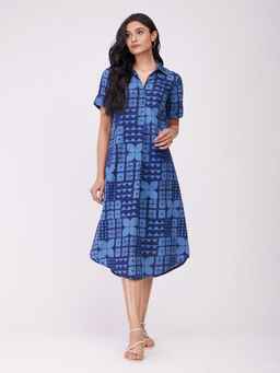 Pink Fort - Blue Cotton Geometric Shirt Dress