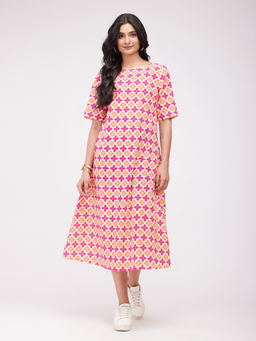 Pink Fort - Multi Cotton Floral A-Line Dress