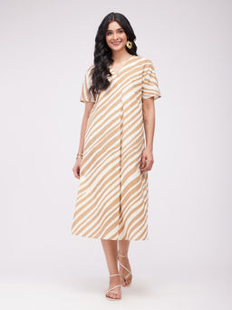 Pink Fort - Beige Cotton Stripes Print Dress