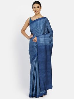 Fabindia - Blue Hand Block Printed Contrast Border Silk Saree without Blouse