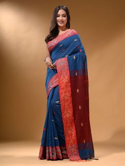 Arhi - Yale Blue Cotton Handspun Soft Nakshi Border Saree with Unstitched Blouse
