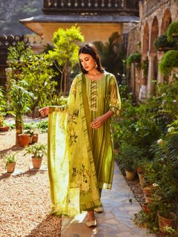 Karaj Jaipur - Mirror Work Straight Digital Kurta with Detailed Hem Pant and Dupatta (Set of 3)