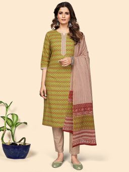 Vbuyz - Womens Printed Straight Cotton Yellow Stitched Kurta Pants With Dupatta (Set of 3)
