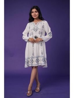 Zari Jaipur - Womens White Embroidery Knee Length Dress