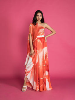Vedika M - Red Printed One Shoulder Drape Dress with Belt (Set of 2)