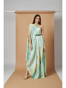 Vedika M - Green Printed One Shoulder Drape Dress with Belt (Set of 2)
