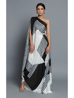 Vedika M - Black Printed One Shoulder Drape Dress with Belt (Set of 2)