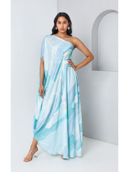 Vedika M - Blue Printed One Shoulder Drape Dress with Belt (Set of 2)