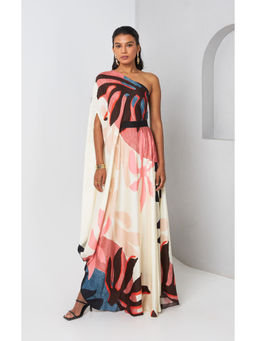 Vedika M - Multi-Colour Printed One Shoulder Drape Dress with Belt (Set of 2)