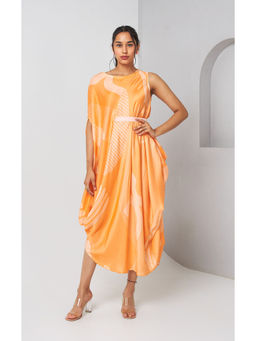 Vedika M - Orange Printed Sleeveless Drape Dress with Belt (Set of 2)