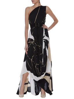 Vedika M - Black Printed One Shoulder Drape Dress with Belt (Set of 2)
