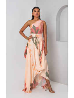 Vedika M - Peach Floral Printed Asymmetric One Shoulder Drape Dress with Corset Belt (Set of 2)