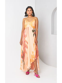 Vedika M - Peach Floral Printed Flowy Strap Dress