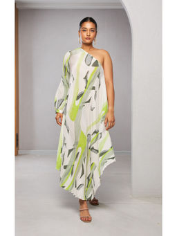 Vedika M - Green Micro Pleated One Shoulder Flowy Drape Dress