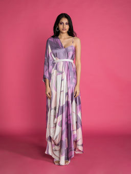 Vedika M - Purple Printed Drape Dress with Belt (Set of 2)