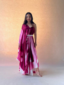 Vedika M - Burgundy Printed Drape Dress with Belt (Set of 2)