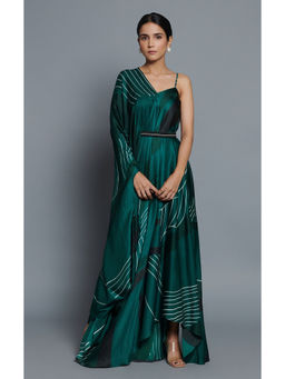 Vedika M - Green Printed Drape Dress with Belt (Set of 2)