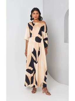 Vedika M - Beige Printed Drop Shoulder Drape Dress with Belt (Set of 2)